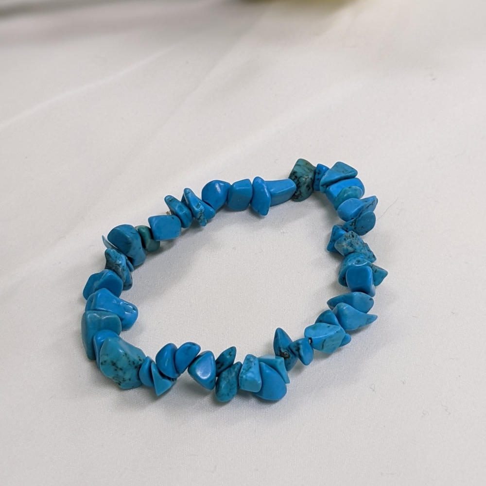 Turquoise colored handmade stone bracelet w/ elastic string boho rustic bracelet